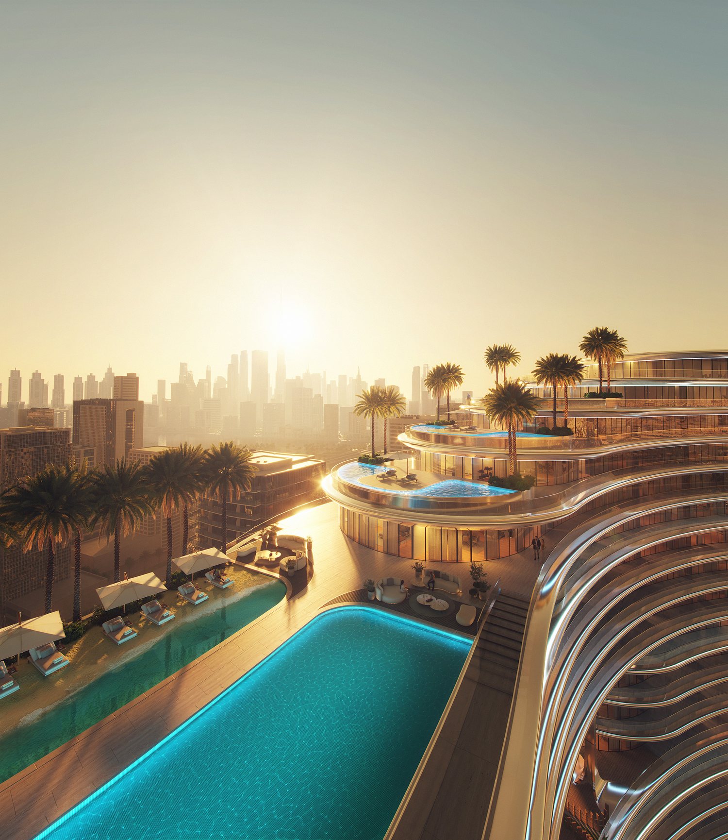 Sunset over the pool terrace
