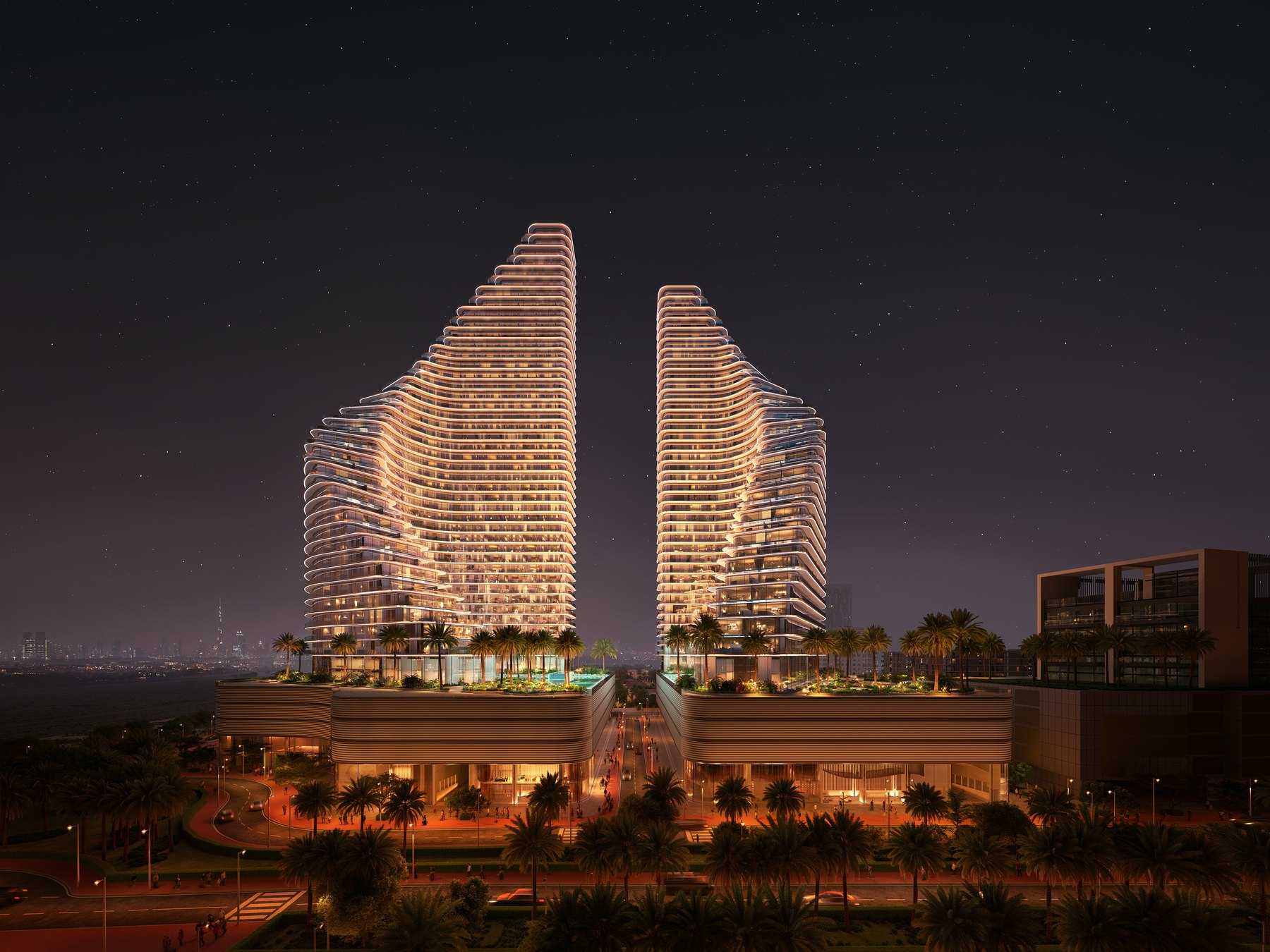 The two towers after dark, Jumeirah Village Triangle