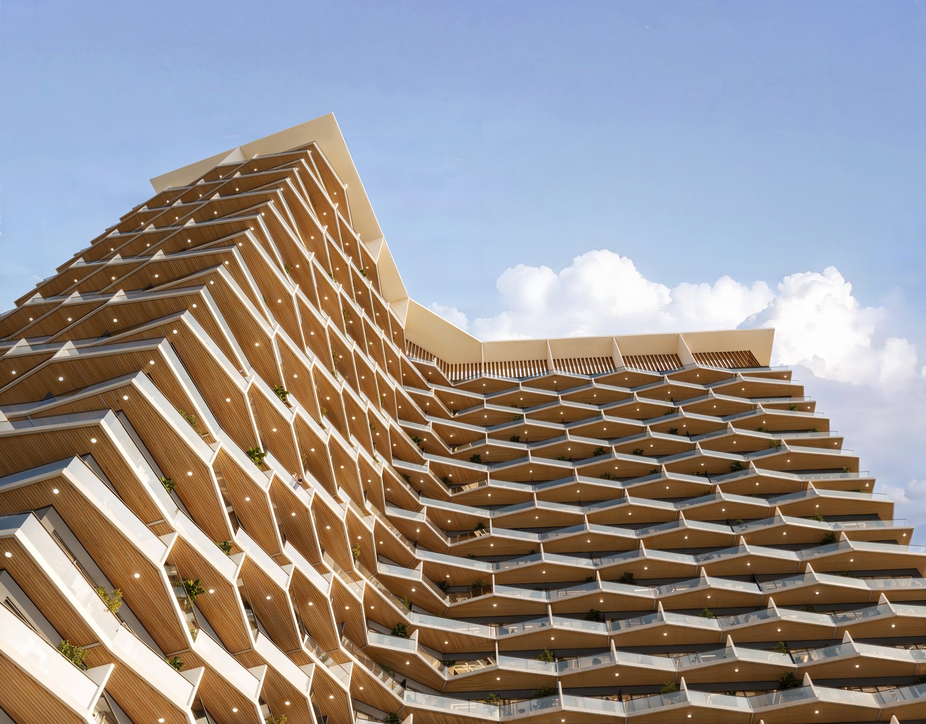 A sculptural façade above Dubai Sports City