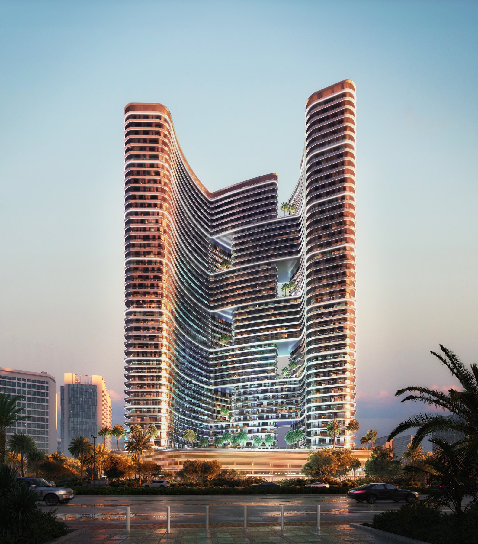 Twin sculpted towers above the amenity deck