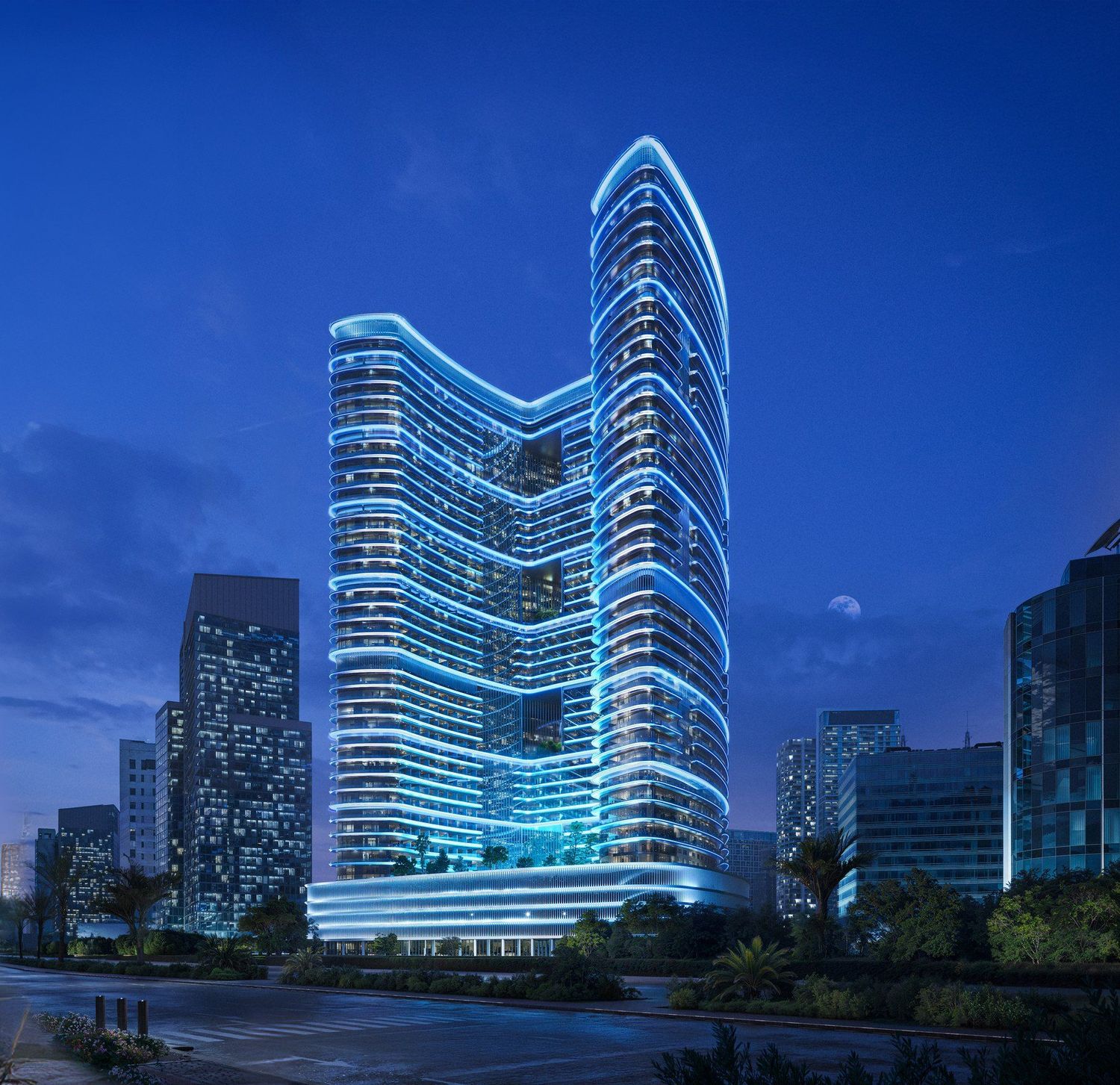 The illuminated curvilinear facade