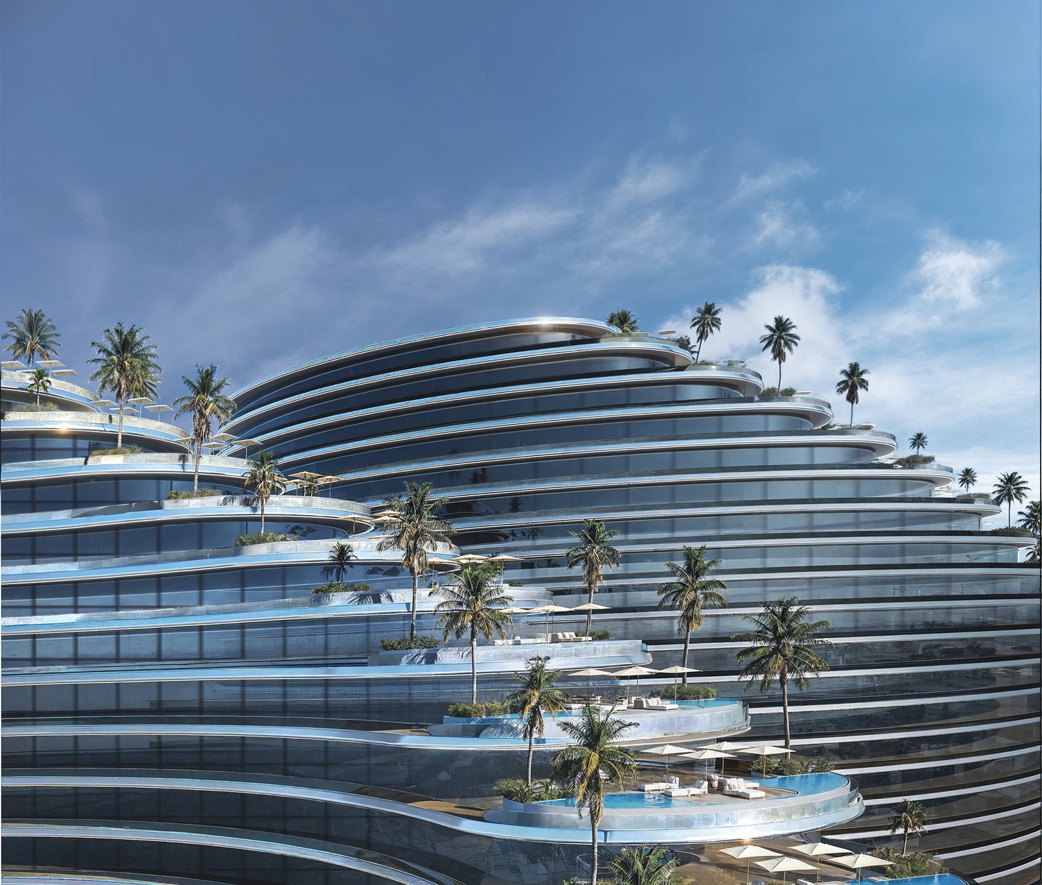 Resort podium, pools and planted terraces