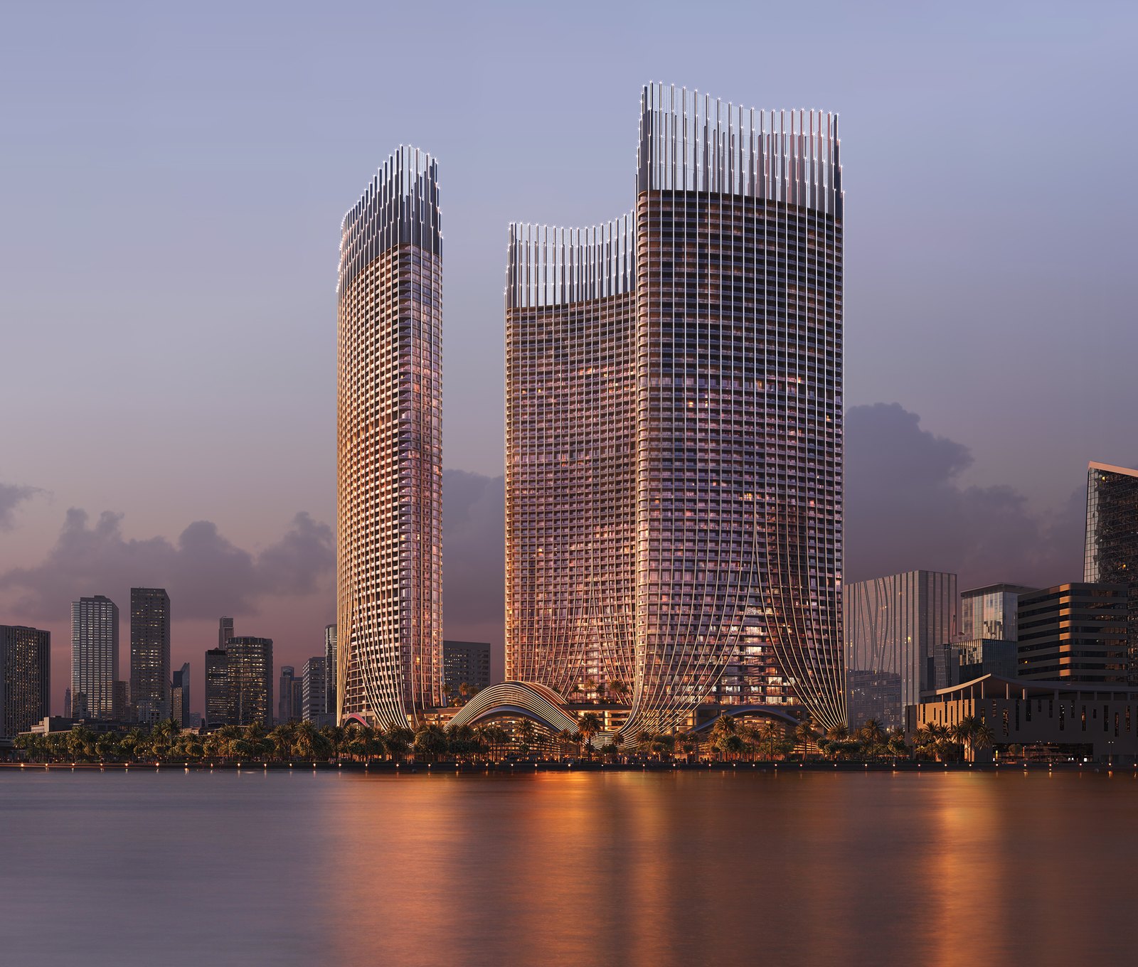 The three towers at dusk over Business Bay