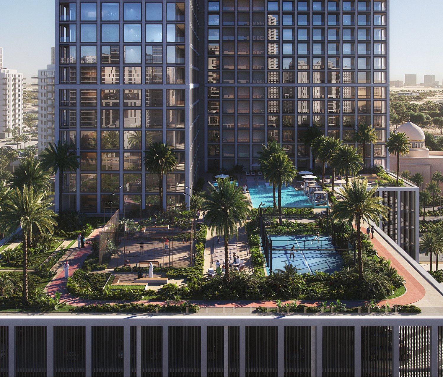 The landscaped amenity deck above Majan