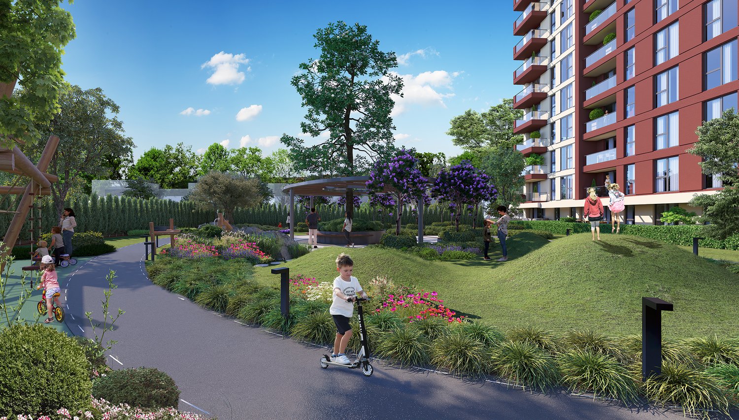 Landscaped gardens and walking paths within the estate